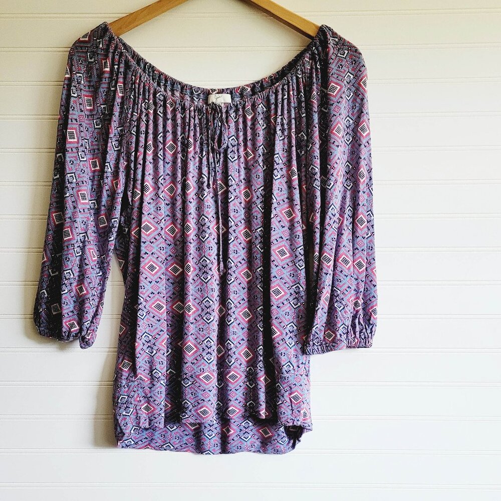 Joie Top Womens Size Medium Blue Aztec Print Peasant Banded Bottom